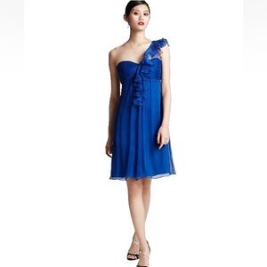 Amsale size 0 blue silk sweetheart ruffle shoulder formal cocktail dress wedding